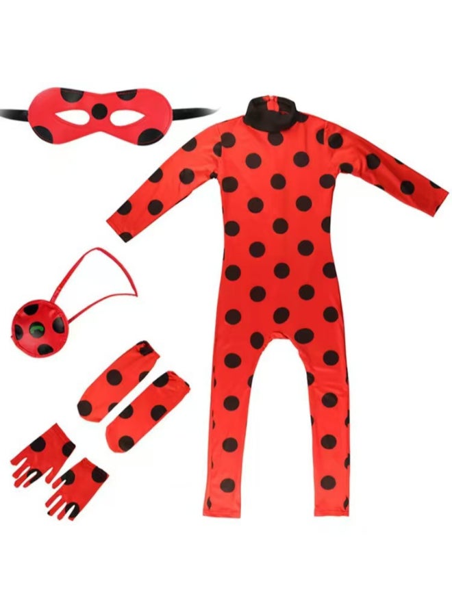 Ladybug زي تنكر ليدي باج مارينيت دوبان-تشنغ مع قناع وإكسسوارات، بدلة كاملة باللون الأحمر والأسود بنقاط بولكا، زي سوبر هيرو لمحبي الحفلات والتكشيف 3 سنوات XS(90-105 سم) - Image 1
